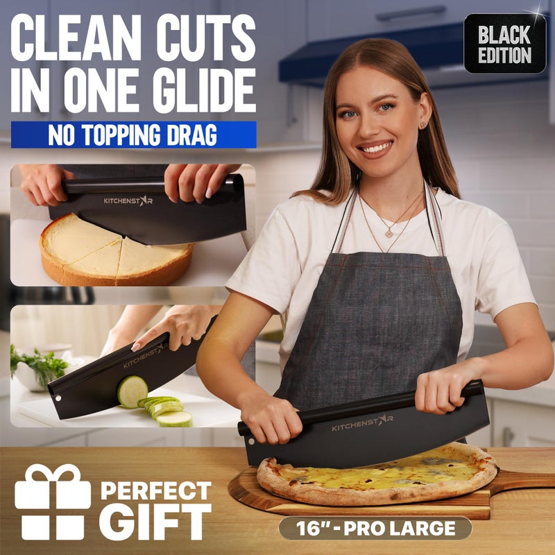 kitchen-star KitchenStar 16-Inch Pizza Cutter Rocker Blade - Sharp Stainless Steel Slicer Knife, Protective Cover, Black Nonstick, Large - Professional Pizza Oven Accessories - Image 2